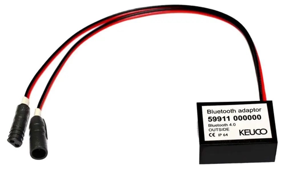 Bluetooth-Adapter von Keuco mit zwei Kabelanschlüssen in rot und schwarz, ausgestattet mit einem Gehäuse und der Aufschrift „Bluetooth adaptor“.